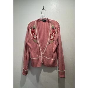 Vintage Braunstyle Large Pink Floral Knit Cardigan Cottagecore Artsy Retro READ